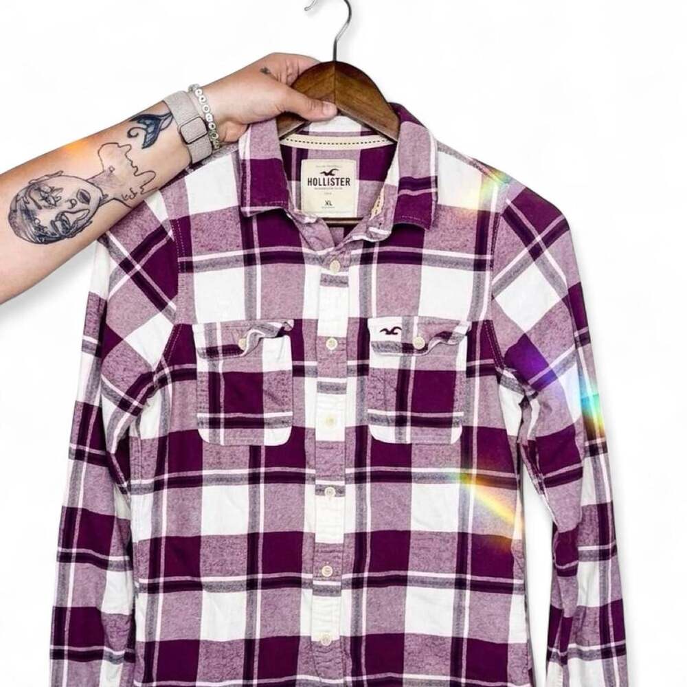 Hollister Plaid Flannel Shirt Size XL Plum Purple White Cotton